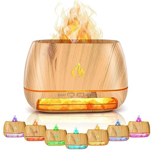 Flame Essential Oil Diffuser, 7 Colour Lights Aromatherapy Diffuser & Himalayan Pink Salt Rock Lamp, Waterless Auto-Off, Super Quiet Cool Mist Air Humidifier for Bedroom Home Office Yoga Spa, 200ml