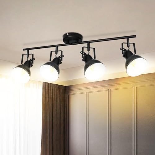 Unikcst 4 Way Spotlight Ceiling Lights Black Spot Lights Ceilings Rotatable Vintage LED Spotlight Bar E27 Indoor Kitchen Light Ceiling for Bedroom Living Room, No Bulbs