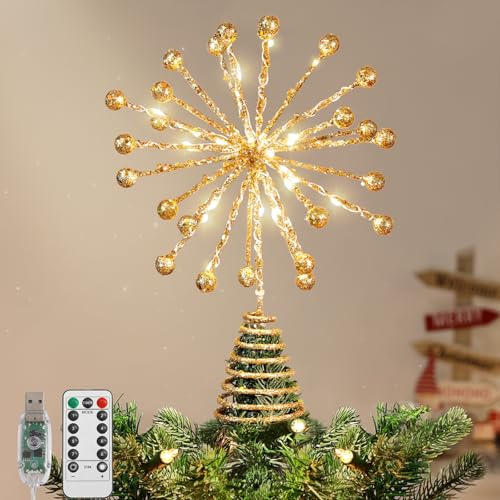 Lewondr Christmas Tree Topper, 10.63'' Metal Xmas 3D Burst Tree Topper with 30 LED Bulbs, USB and Remote Control Glittered Star Treetop, 6H Timer, 8 Light Modes Christmas Tree Decorations, Gold