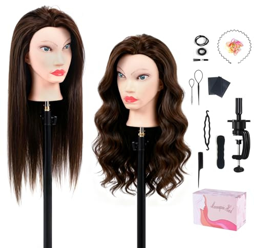 Tête à coiffer professionnel avec 80% naturels, 26 mannequin coiffure avec support de table + kit tressage, tête d’entraînement coiffure pour tresses, coupe – yeux bleus Châtain foncé