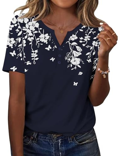 Zeagoo Camisetas Manga Corta Mujer Verano Cuello V Blusas Túnica T-Shirt | Moda Casual Basicas Camisa Elegante Ligero Elástica Tops S-XXL