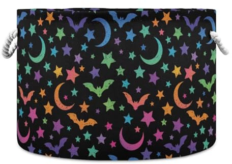 Colorful Bats Moon Stars Print Round Storage Basket Goth Style Large Laundry Hamper 20 x 20 x 14 Inches Organizer Bin with Cotton Rope Handles Clothes Storage Bag for Nursery Bedroom Living Room Decor
