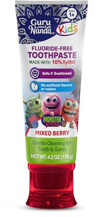 GuruNanda Kids Toothpaste for Toddlers with 10% Xylitol – Fluoride-Free, Mixed Berry Flavor, Safe if Swallowed, Gentle & Safe for Young Teeth & Gums, 4.2 oz