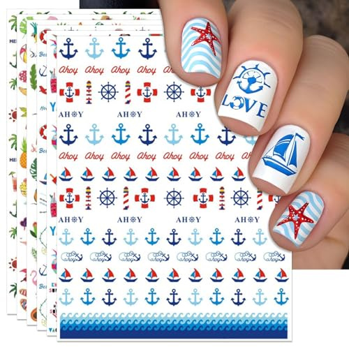 Autocollant Ongles Été Decoration Ongles Plage Deco Ongle Nail Art Fleurs Tropicales Stickers Ongles Palmier Flamant Rose pour Nail Art Design, DIY Nails, Décoration Ongles (A-6 Feuilles)