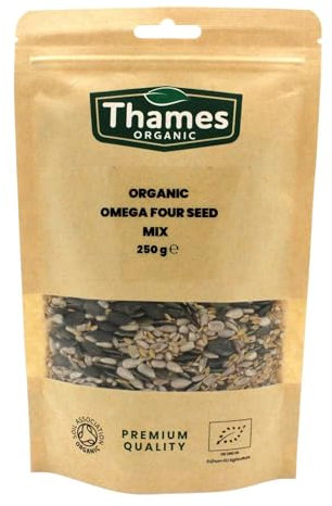 Organic Omega Four Seed Mix -250g- Pumpkin, Sunflower, Sesame, Flax - No Additives, No Preservatives, High Fibre, High Protein, Raw Whole Seeds, Vegan, GMO Free, Certified Organic - Thames Organic