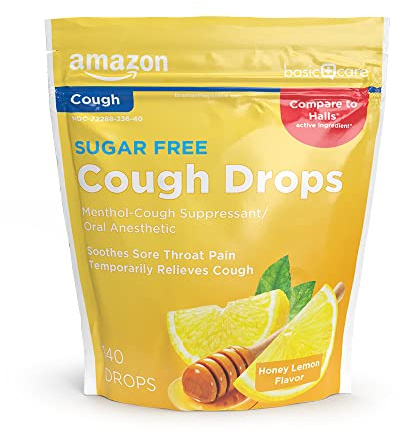 Amazon Basic Care Sugar Free Honey Lemon Cough Drops for Sore Throat Relief, Soothes Cough, 140 Count (Compare to Halls)