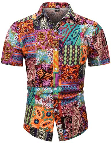 COSAVOROCK Herren Hippie 70er Jahre Hemd Blumen Hässliche Funky Hawaii Hemden XL