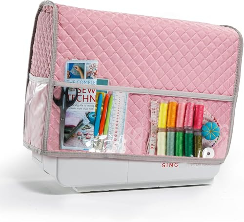 BAGSFY Sewing Machine Cover with Storage Pockets, Pink Dust Cover for Singer & Brother Machines
