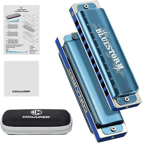 CONJURER Blues Mundharmonika für Anfänger Kinder G Dur Blues Harp 10-Loch Diatonische Harmonika Instrument Muntamonika mit hochwertigen Phosphorbronze Stimmzungen, G-Dur Blues Storm Blau