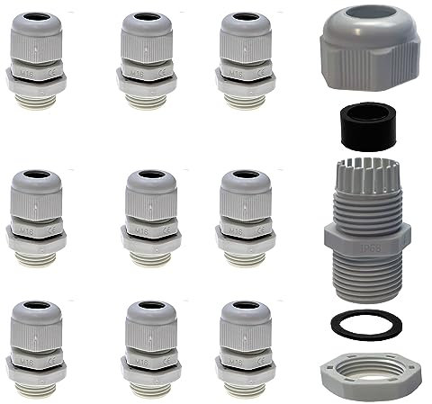 Lot de 10 presse-étoupes M16 x 1,5 (gris) - Avec contre-écrou pour câble de 5 à 10 mm de diamètre - Étanche IP68 - Métrique