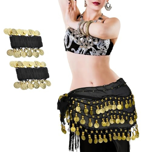 Leemiman Pañuelos de cadera para danza del vientre, faldas con forma de onda para niñas y mujeres, con monedas de oro 128, cinturón de gasa para danza del vientre con brazaletes, Negro, talla única