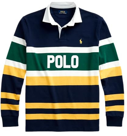 POLO RALPH LAUREN Men's Classic Fit Long Laurel Crest Rugby Shirt (Navy Yellow MU, M), Navy, Medium
