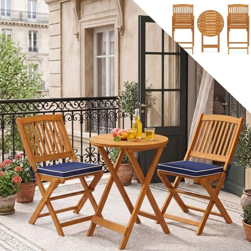 GOPLUS Juego de Mesa y Sillas para Jardín 3 Piezas, 1 Mesa Redonda y 2 Sillas Plegables con Cojines, Muebles Jardin de Madera de Acacia para Exterior Terraza Patio Bistro Piscina (Azul)