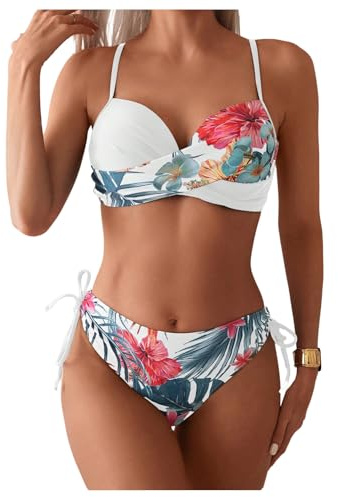 GORGLITTER Women's Push Up Bikini Set Underwire Floral Tie Side Hipster Swimsuits 2 Piece Swimwear White Large