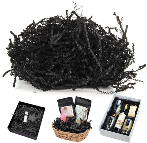 AYVRUOP 200g Relleno para Cajas Regalos,Papel Triturado Negro,Virutas de Papel para Relleno,Relleno de Papel de Seda Triturado para Cestas de Regalo,Relleno de Rafia,para Decorar Regalos,Halloween