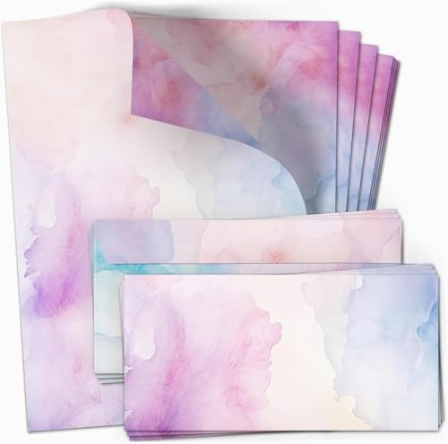 Writing Paper and Envelope Set Pastel Watercolour Pink Blue Modern Elegant Paper and Envelope with Printed Design Motif 90 g/m²