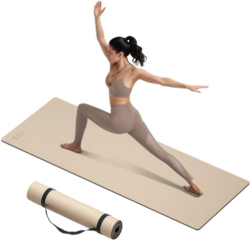 ILILI Yoga Mat 10mm Extra Thick and Extra Long, 76x28×0.4 Inch, Double Color Non-Slip TPE Material, Easy Carrying with Strap, Ideal for Yoga, Pilates, Floor Exercise, Home and Outdoor Use, Eco Friendly (Beige+Black)