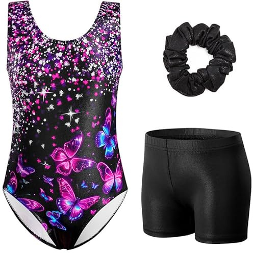 XiaoMoSha Girls Three-Piece Gymnastics Set Sleeveless Girls Leotards with Shorts and Hairband Sparkly Glitter Gradient Color Dance Ballet Unitards Gymnastics Outfits, PurpleButterfly, 4-5 Years