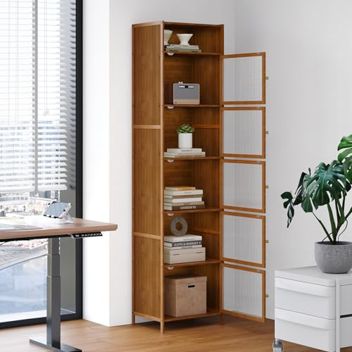 Warmiehomy 6-Tier Bamboo Book Shelf, 170cm Bookcase with Door, Large Storage Shelf Freestanding, Wooden Shelving Unit with Acrylic Doors for Living Room Bedroom Study Room Dinning Room (Rustic Brown)