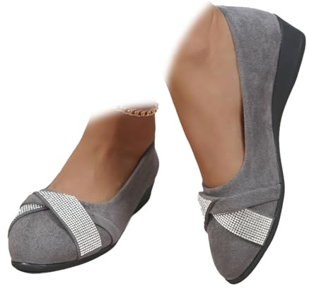 Women's Comfortable Arch Support Wedge Slip-On Shoes, Lightweight Leather Shoes Low Heel Wedge Casual Work Ballerina Court Shoes (Grey Rhinestones,6)
