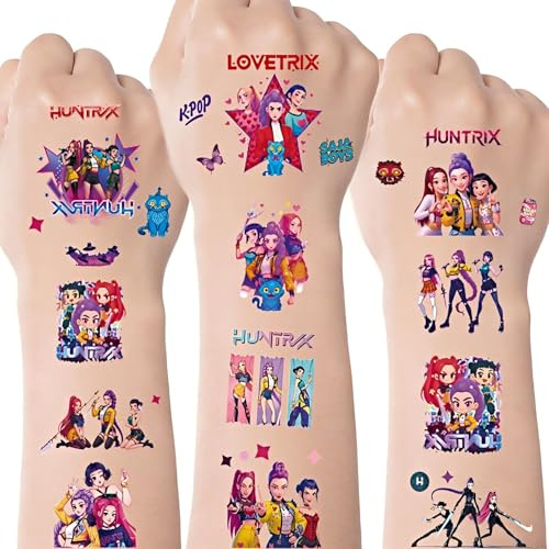 ROMANVIC Demon Hunter dans K pop tatuering barn, 8 ark Hunters tillfälliga självhäftande betattoos barn, 180+ demon K-pop jägar-tatueringar för födelsedag dekoration fest, hudvänliga tillfälliga