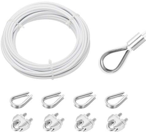 QUARKZMAN Cable De Acero Inoxidable 304 De 33 Pies Con Revestimiento De Vinilo De 4 Mm Con 4 Mordazas De Tornillo Y Ojal Para Barandales Cubiertas Colgar Tendidos De Ropa Blanco 10m
