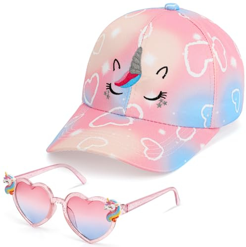 BTHRORO Unicorno Cappello da Baseball Occhiali da Sole per Bambina, Regolabile Cappellino con Visiera Occhiali da Sole Cuore Unicorno Cappello Estivo Anti-Sole per Ragazze