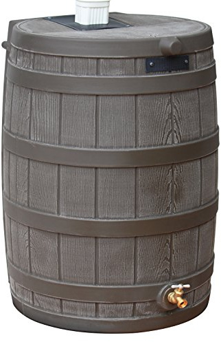 Good Ideas Rain Wizard Water Collection Plastic Barrel, Oak, 50 Gallon - Linkable Flat-Back Faux Wood Rainwater Catcher Storage Drum w/ Robust Metal Spigot & Fine Mesh Screen