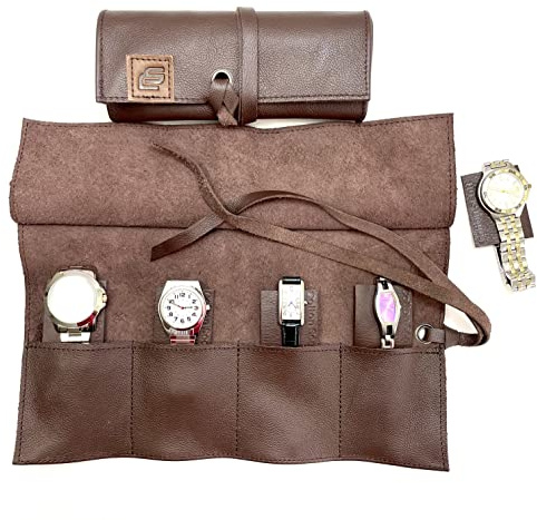 COLTON SCOTT CREATIONS Leather Travel Watch Roll-Watch Case Display Organizer and Storage for 4 watches, Gift Accessory for watch lovers, Hand made in The USA wits Original Italian Leather (Brown)