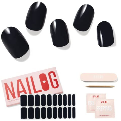 NAILOG Semi Cured Gel Nail Strips, 20 Pieces Extra Long Nail Polish Strips, Long Lasting Semi Cured Gel Nail Stickers with Soft Glossy Finish,Noir