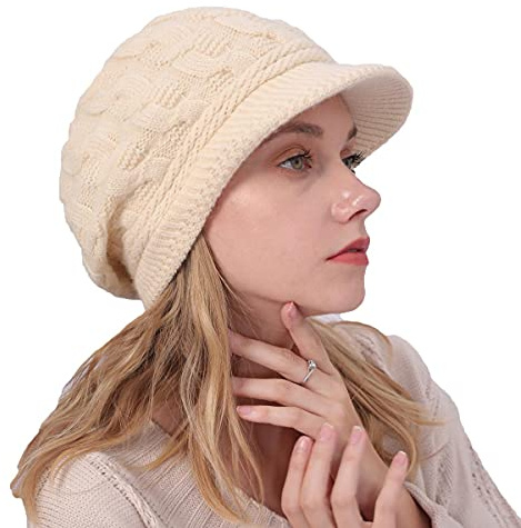 Cappello Invernale da Donna con Visiera,Cappello a Maglia Slouchy per Ragazza,Berretto Morbido Foderato in Pile con Visiera,Cappelli alla Moda di Varie Colori per Il Freddo