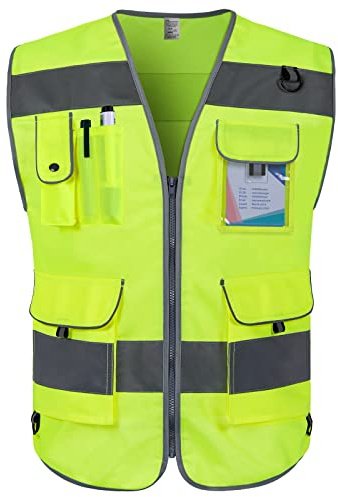 Graunton High Visibility Vest 9 Pockets Hi Vis Reflective Safety Vest for Men Women, Construction Vest with Reflective Strips, Meets ANSI/ISEA Standards, (UK-Yellow, Small)