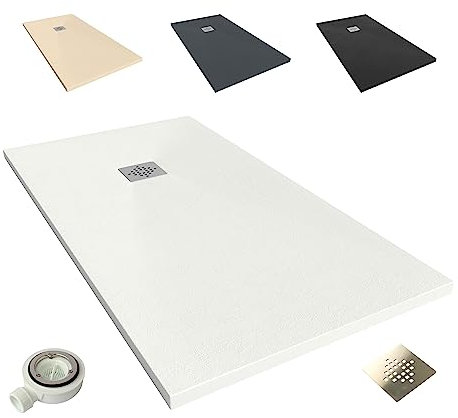 NEBADOON | Plato de Ducha de Modelo Roma II – Plato Ducha Resina con Textura Pizarra - Antideslizante y Antibacteriano – Blanco (RAL 9003) 70x90 cm – Incluye Válvula Desagüe y Rejilla