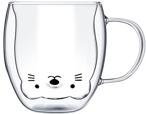 Xzeemo 250ml Taza de Café, Taza de Vidrio con Aislado de Doble Pared, Lindo Taza de Té, Leche Mug, Taza de Té de Oso/Gato con Asa, Cappuccino Taza, Regalos de Cumpleaños para Hombres y Mujeres (Gato)