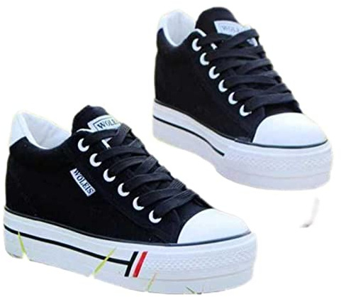 DSAI Scarpe da ginnastica primaverili da donna con zeppa in tela rialzata interna - Nero, 40 EU (7.5 US) - Sneakers casual da donna con plateau