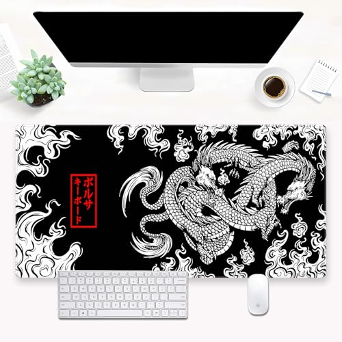 Tapis de souris Cool Dragon noir et blanc - Grand tapis de souris de jeu XXL - 80 x 40 cm - Conçu avec une base en caoutchouc antidérapant de 3 mm d'épaisseur et des bords cousus durables