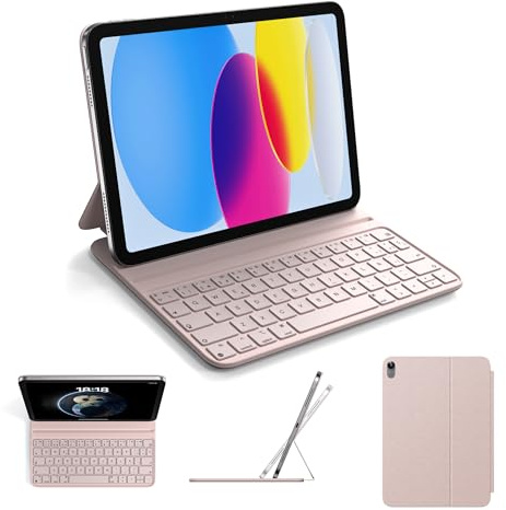HOU Clavier pour iPad 10 EME Generation/11eme A16 2025 11 Pouces, Deux Angles de Soutien, Ergonomique, Qualité Supérieure Clavier AZERTY, en Similicuir, Portable, Rose