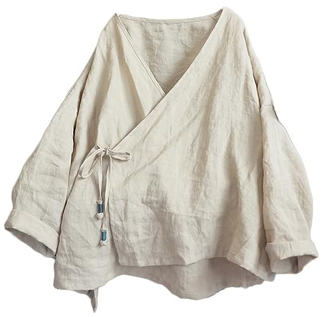 NFYM Women's Hanten Kimono Cardigan Long Sleeve Wrap Front Cotton Linen Retro Hanfu Costume Irregular Shirt Tops, Beige, One Size