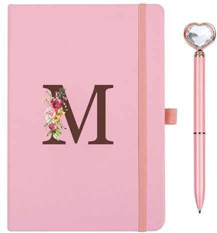 Cahier Journal en PU Cuir, A5 Carnet De Notes avec Stylo Coeur, Journal Intime, Carnet de Voyage avec Initiale Lettre M Agenda pour Femmes Filles Graduation Paques Anniversaire Fête des Mères Cadeaux