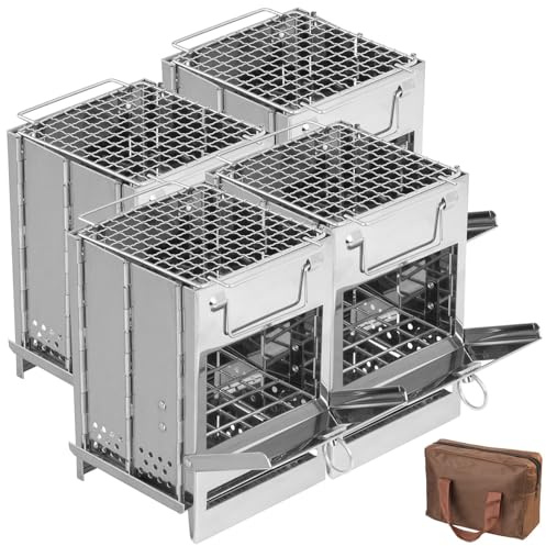 PEARL Camping-Kocher: 4er-Set Camping-Holzöfen aus Edelstahl, faltbar, inkl. Transporttasche (kompakte Holzöfen, Kleine Campingkocher)
