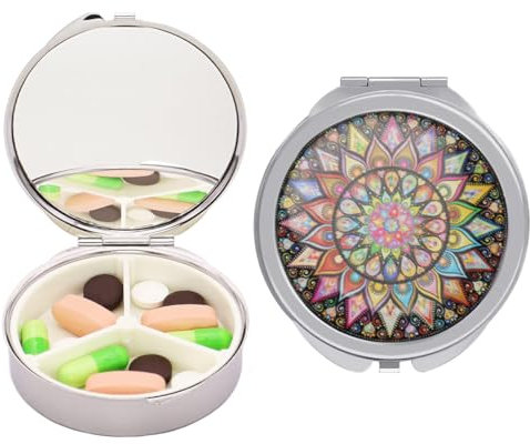 Pillendose 3 Fächer Medizin Pillendose, Tragbare Pillendose für Tasche oder Geldbörse Pillendose Dekorative Metall Medizin Vitamin Organizer Einzigartiges Geschenk (Geometrisches Buntes Mandala)