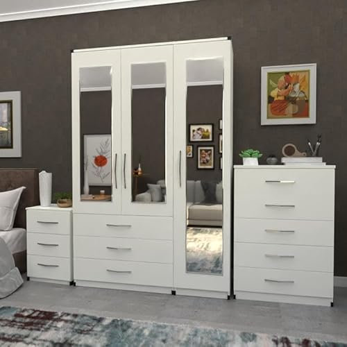 Ready to Use Assembled Wardrobe Set, 3 Door Mirrored Wardrobe 116cm, 5 Drawer Chest 74cm, 3 Drawer Bedside 40cm, White