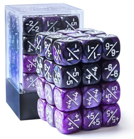Juego de 36 contadores de dados positivos y negativos de 12 mm de mármol púrpura + morado y negro Géminis, dados de ficha pequeña compatibles con MTG, CCG, juegos de cartas