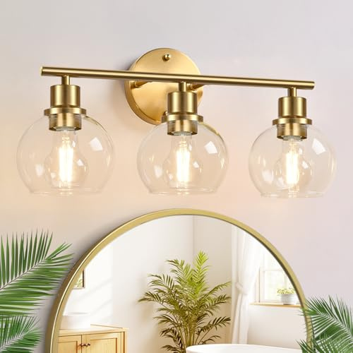 Indoi 3-Light Bathroom Light Fixtures, Brushed Gold Modern Vanity Lights Over Mirror with Clear Glass Globe Shade, Bathroom Wall Sconces for Mirror Kitchen Living Room Hallway Cabinet Bedroom Porch