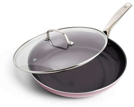 Blue Diamond 12 Nonstick Frying Pan with Lid, Diamond Infused PFAS-Free Ceramic Skillet, Dishwasher & Oven Safe, Stay Cool Handle, Durable Non Toxic Metal Utensil Safe, Glass Lid, Pink