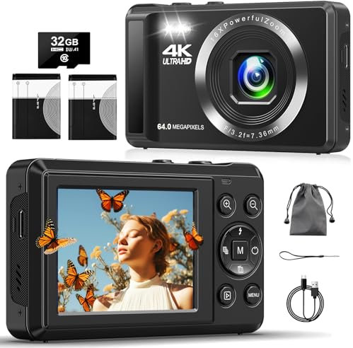 Fotocamera digitale, fotocamera compatta da 4 K, 64 MP, con scheda da 32 GB, 16 zoom digitale, 2,4 pollici, fotocamera digitale per bambini, principianti, adolescenti (nero)