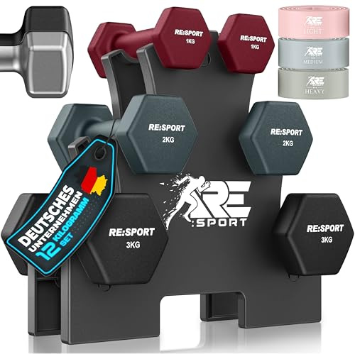 RE:SPORT® Ensemble d'haltères 3 paires, 1 kg - 5 kg, 12 kg ou 18 kg avec support & 3x bandes de fitness | Haltères courts en néoprène antidérapants pour femmes & hommes | Ensemble d'haltères (Magenta