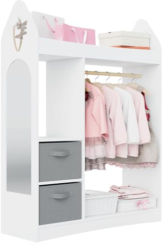 Hironpal Kids Wardrobe with Mirror Baby Wardrobe, Open Hanging Children Dress Up Storage with Storage Shelf for Bedroom Kids Clothes Rail (Rocket, 2 Drawer, White)