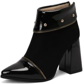 Bottines Femme Cuir Verni Et Daim Bout Pointu Talons Hauts Blocs Confortables Fermeture Éclair Cloutée À Enfiler Chaussures Habillées Soirée,Noir,38 EU