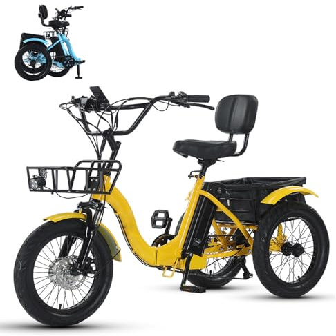 DHsdlpLU Tricycle éLectrique à PéDales pour Adulte 18 éLectrique avec Panier De Chargement Pneus Larges Pliable, Facile à Monter Les côtes Charge maximale de 30 kg Trottinette de Courses Yellow
